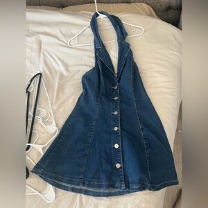 Denim Halter Dress with Button Front backless